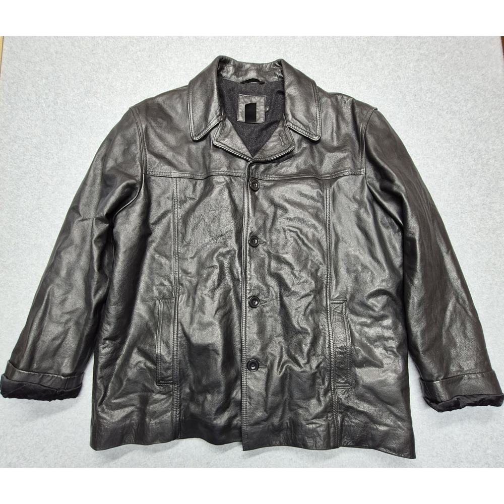 VINTAGE J Crew Leather Jacket Mens XL Black Wool Lined Barn Car Coat Retro Y2K